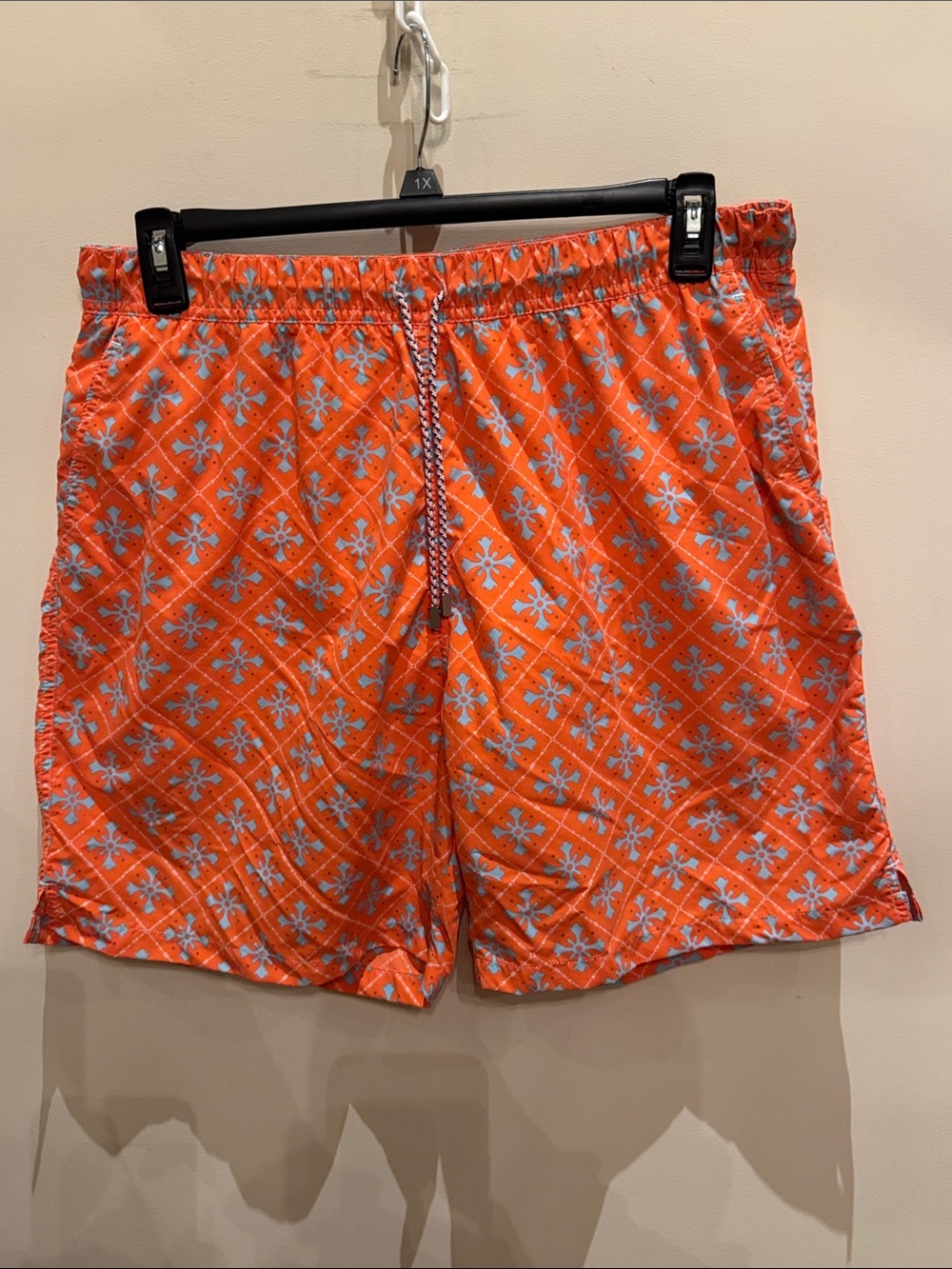 Peter Millar Orange Swim Shorts with Light Blue Geometric Print